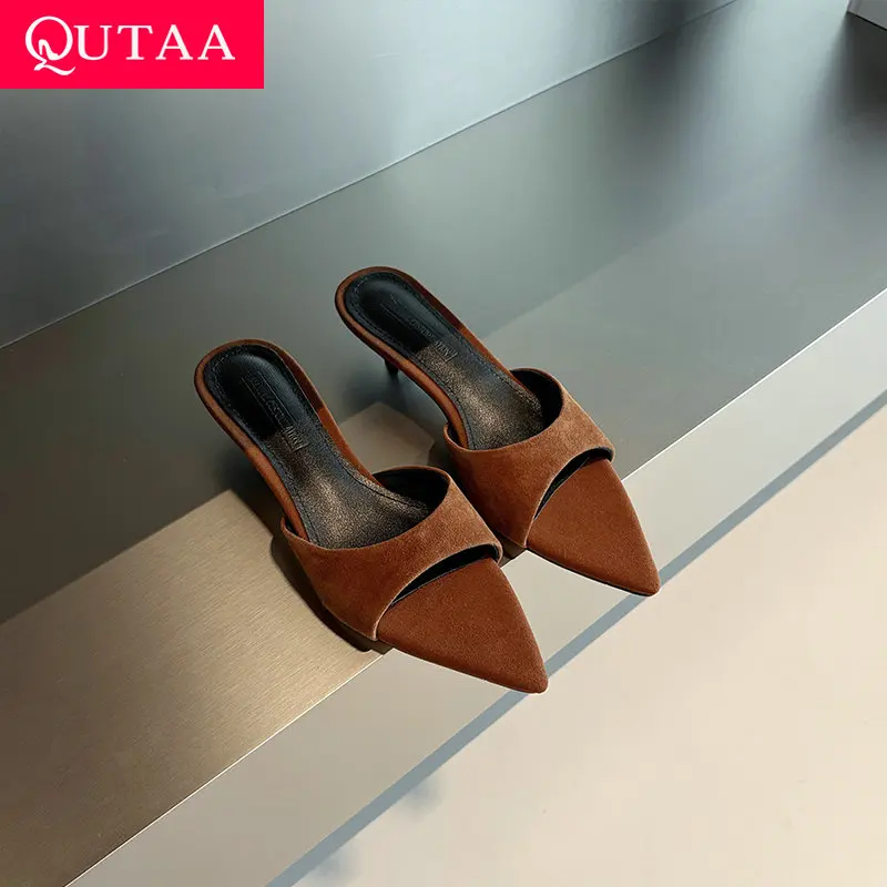 

QUTAA 2025 Fashion Sexy Summer Women Sandals Shoes Mid Heels Kid Suede Pointed Open toe Leopard Pumps Shoes Dress 34-39