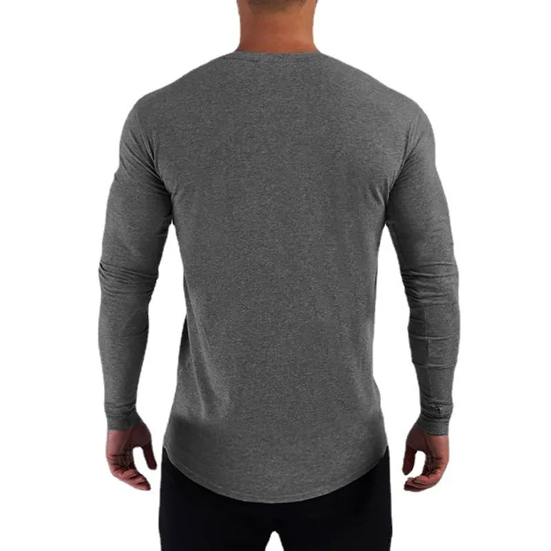 Men'S Autumn Winter Breathable T-Shirt Cotton Muscle Gym Workout Long Solid Print Fitness Casual Slim Fit Sportswear For Jogging