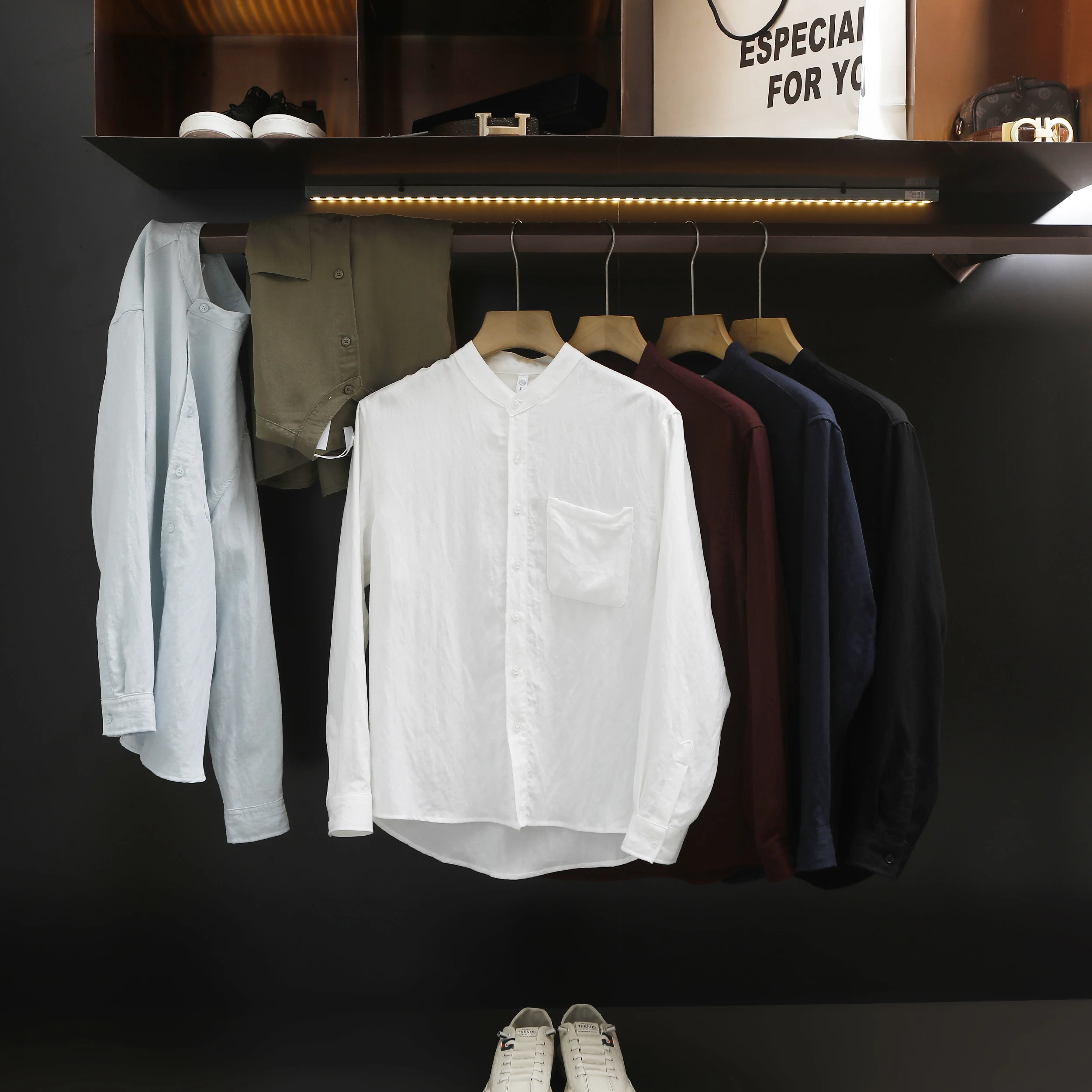 

American Style Henry Collar Long Sleeve Shirt Men Summer Lightweight Breathable Linen Shirt Sun Protection Stand Collar Top