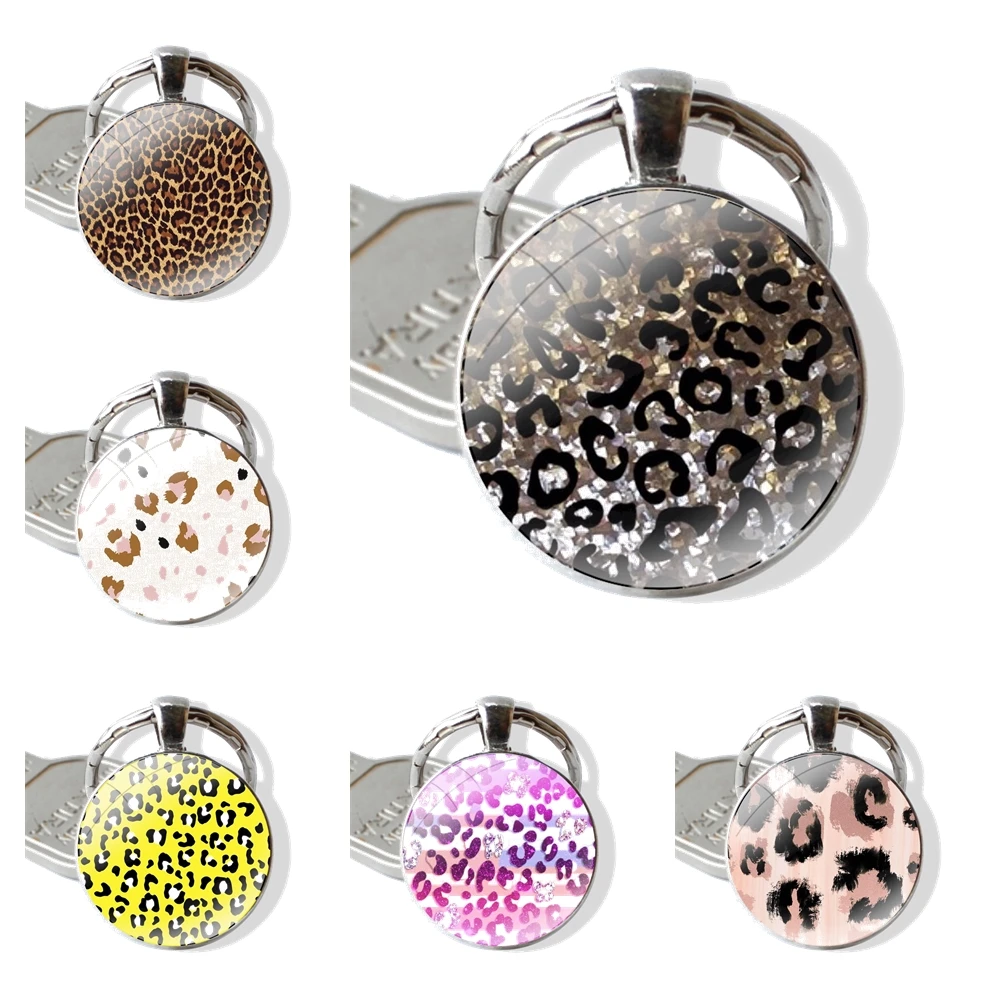 Leopard cheetah skin print Keychain Handmade Glass Cabochon Key Ring Holder Pendant Key Chains