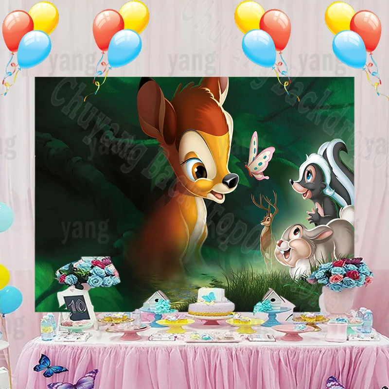 Custom Disney Princess Birthday Party Backdrops Decoration Bambi of Fawn Romantic Pink Butterfly Jungle Forest Background Banner