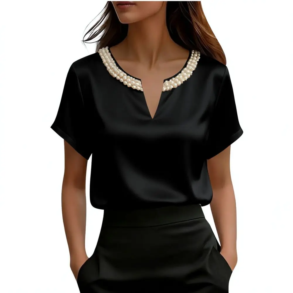 Elegant Satin Short Sleeve T Shirt Women Summer Pearl Beaded Round Neck Casual Blouse Fashion Streetwear Chic Pullover