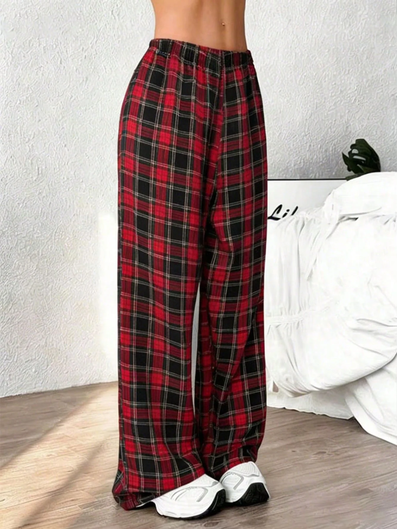 Womens Red Black Plaid Loose Wide Leg Pants Summer Ice Silk Soft Casual Sleep Leggings High Waist Comfy Loungewear Streetwear