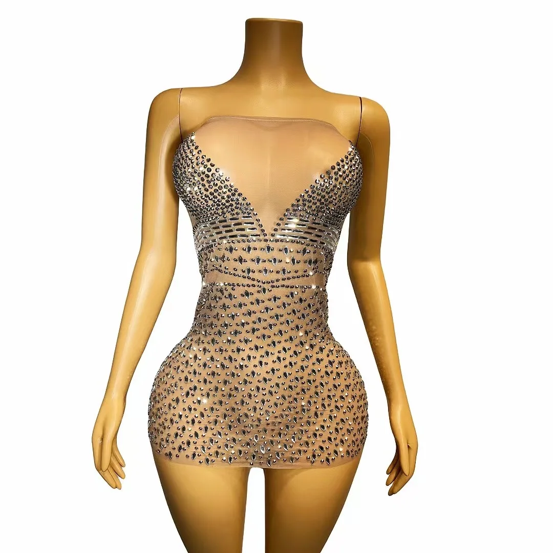 

Shining Silver Rhinestones Sexy TransparentBrown Mesh Mini Dress Evening Outfit BirthdayCelebrate Stretch Costume niuliao C114