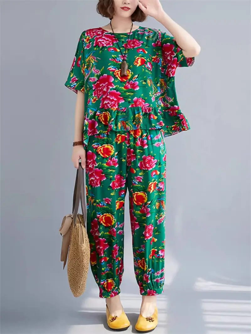 Ethnic Style Shirt And Pants Set Women's 2024 Summer Retro Lotus Leaf Edge Top + Casual Trousers Two-Piece Chinese Outfit k227