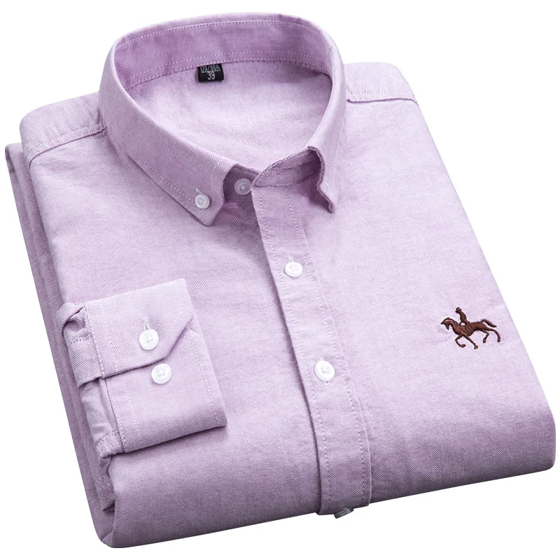 Qualität 100% Baumwolle Oxford Shirts Männer Langarm Bestickt Pferd Casual Ohne Tasche Solide Gelb Social Koreanische Shirt 5XL