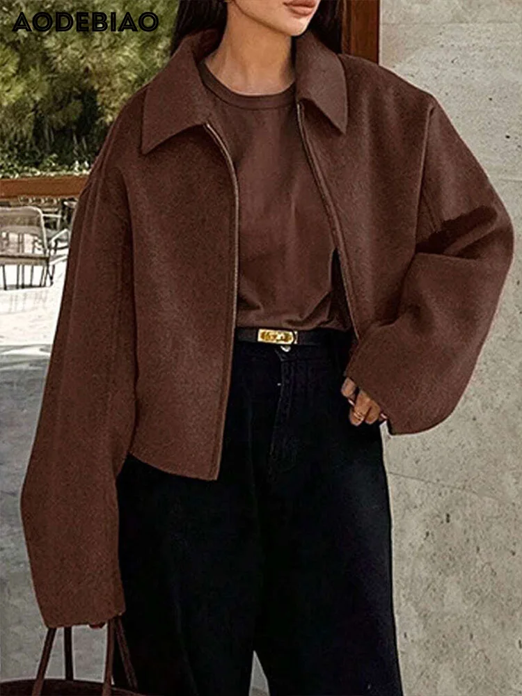 AODEBIAO Woolen Coat Women Autumn Winter Long Sleeves Fashion Cardigan Solid Coat Keep Warm Casual Everyday Wear Vintage Coat