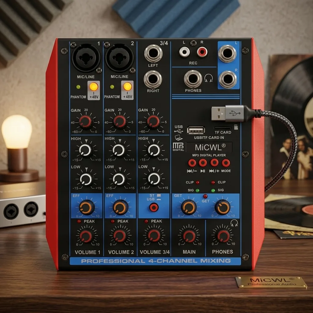 MiCWL MG4-TF 4 Channel USB Bluetooth Mixing Console, 48V Phantom Power, Live Sound Mixer for Recording, Laptop & Computer