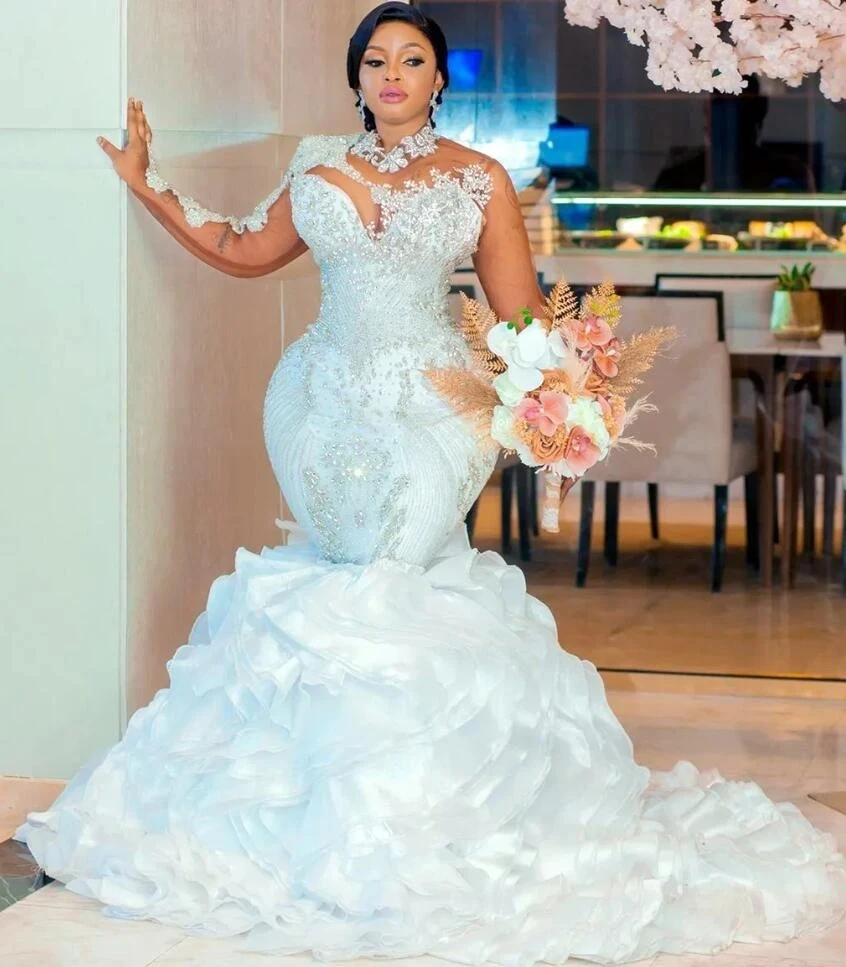 aliexpress mermaid wedding dresses customized 2025 Arabic White Mermaid Wedding Dresses with Detachable Train Beaded illusion long