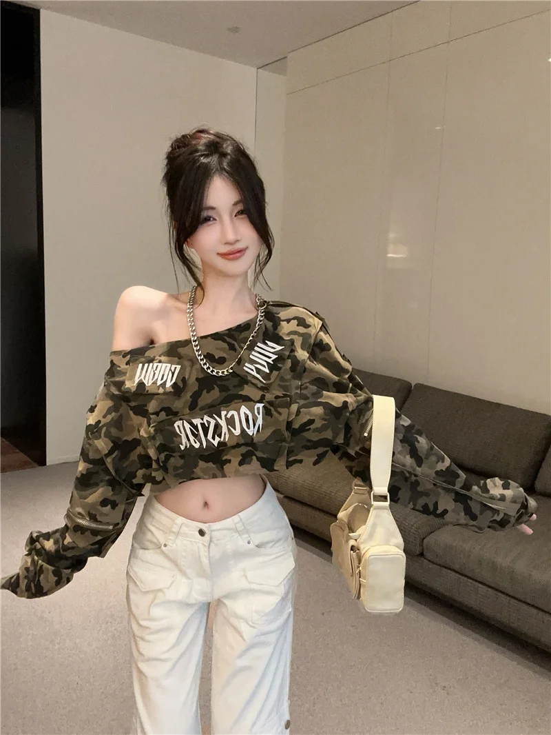 Retro American Heavy Work Camouflage Short Sweatshirt Women's Spicy Girl Hip Hop Street Dance Design Sense Dancing Kpop Outfit