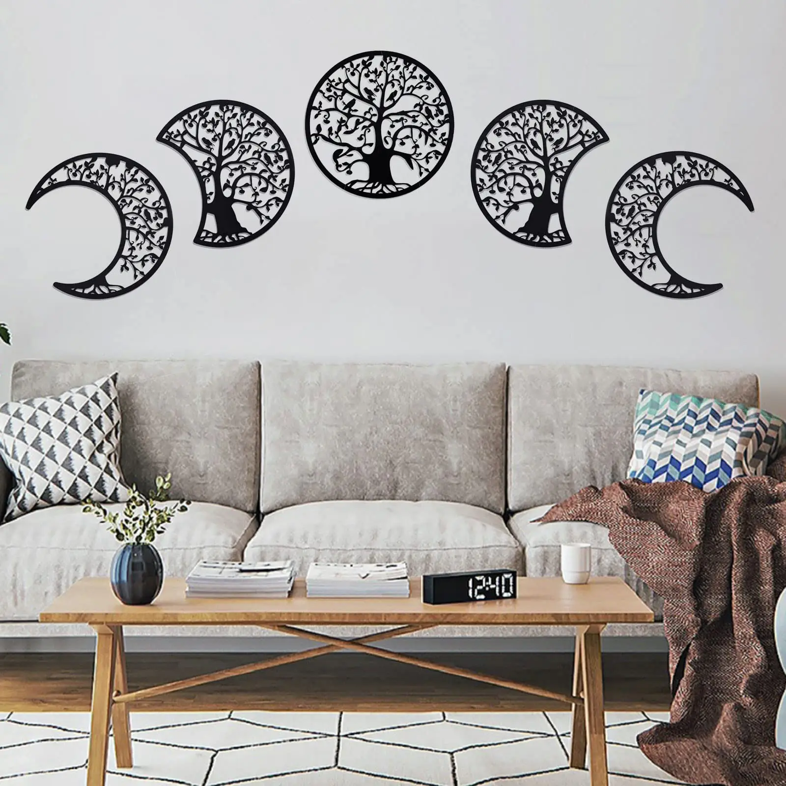 5szt Metal Iron Bohemian Moon Phase Wall Hanging Decoration Metal Lunar Aesthetic Art Bedroom Living Room Dorm Office Metal Decor