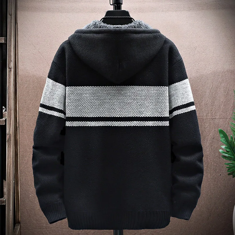 2024 Autumn Winter Fleece Warm Men Hooded Cardigan Knitted Sweatercoat Casual Splicing Color Knitting Jacket Coat Men Clothing