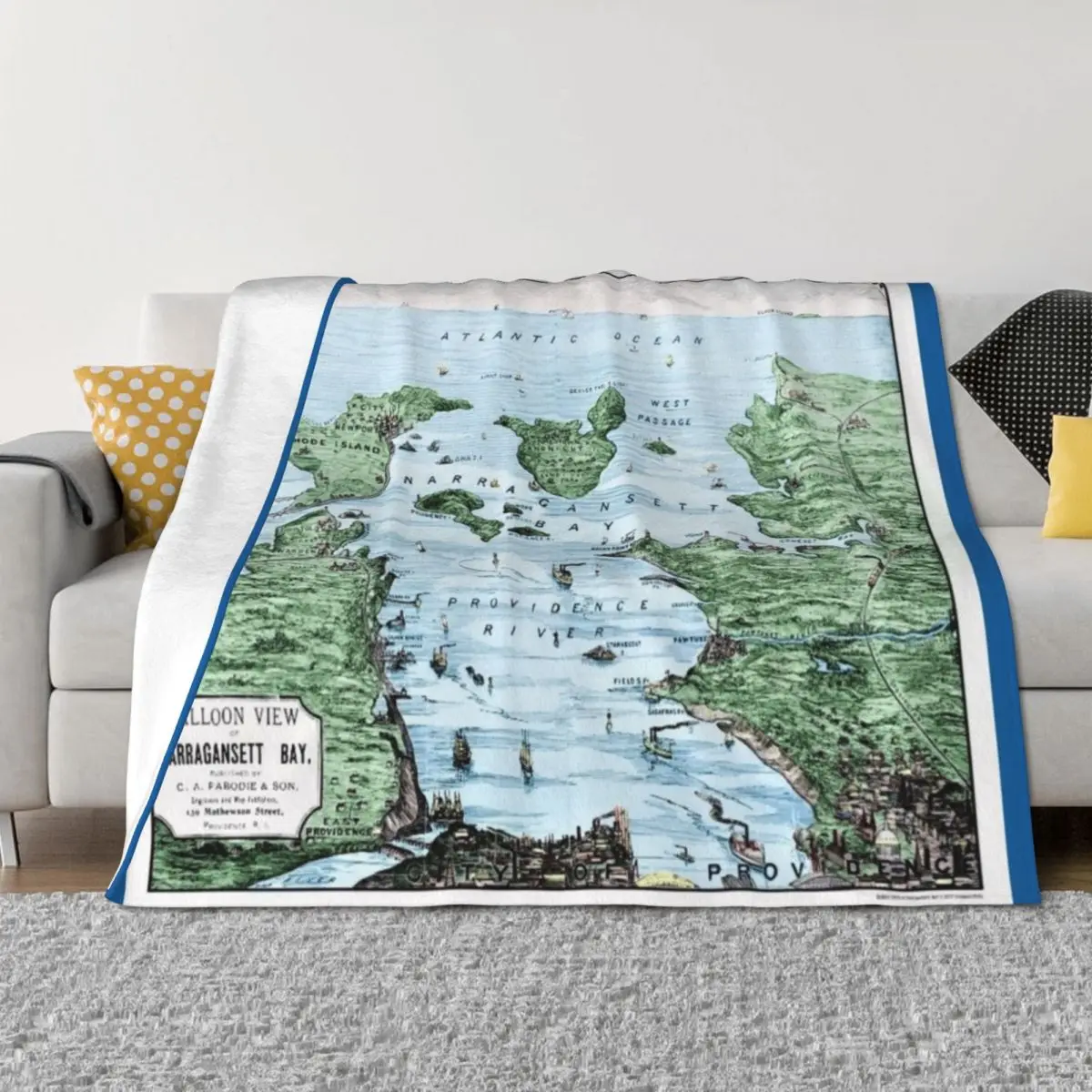 

Vintage Balloon View of Narragansett Bay and Rhode Island Lithograph Map Poster Art Version 2 Throw Blanket