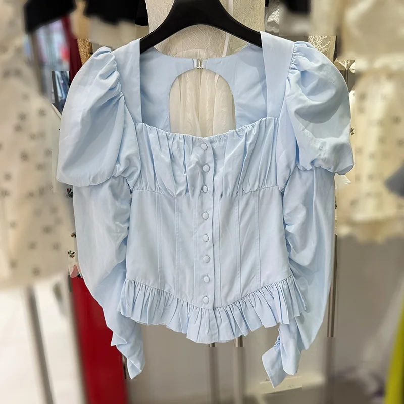 

Ele Pure Color Bubble Sve irt with Waist Cinch Square Collar Bal Hollow out Design for Women Spring 2026 New Ar...