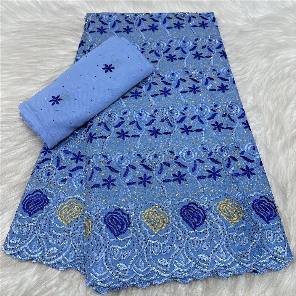 Luxuriöser 5+2 Yards Schweizer Voile bestickter Spitzenstoff aus nigerianischer Baumwolle, trockene Spitze mit Steinen für Kleidung, Nähmaterialien 31A34