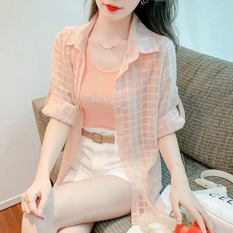 

Women's Summer 2025 New Loose Thin Breathable Long Sve Plaid Mid-Length Open Cardigan Outerwear Sun Protection irt