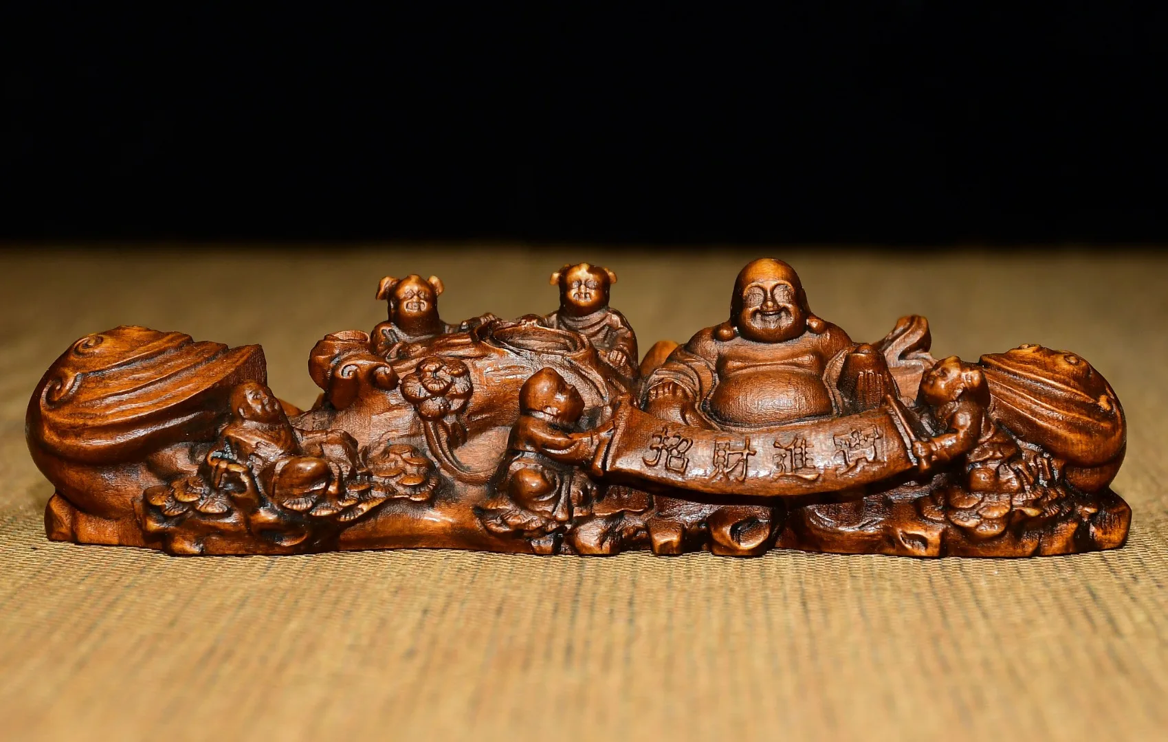 4 "مجموعة معبد التبت خشب البقس القديم مايتريا بوذا الصبي العذراء يجلب الثروة والكنز شاشة روي جمع الثروة