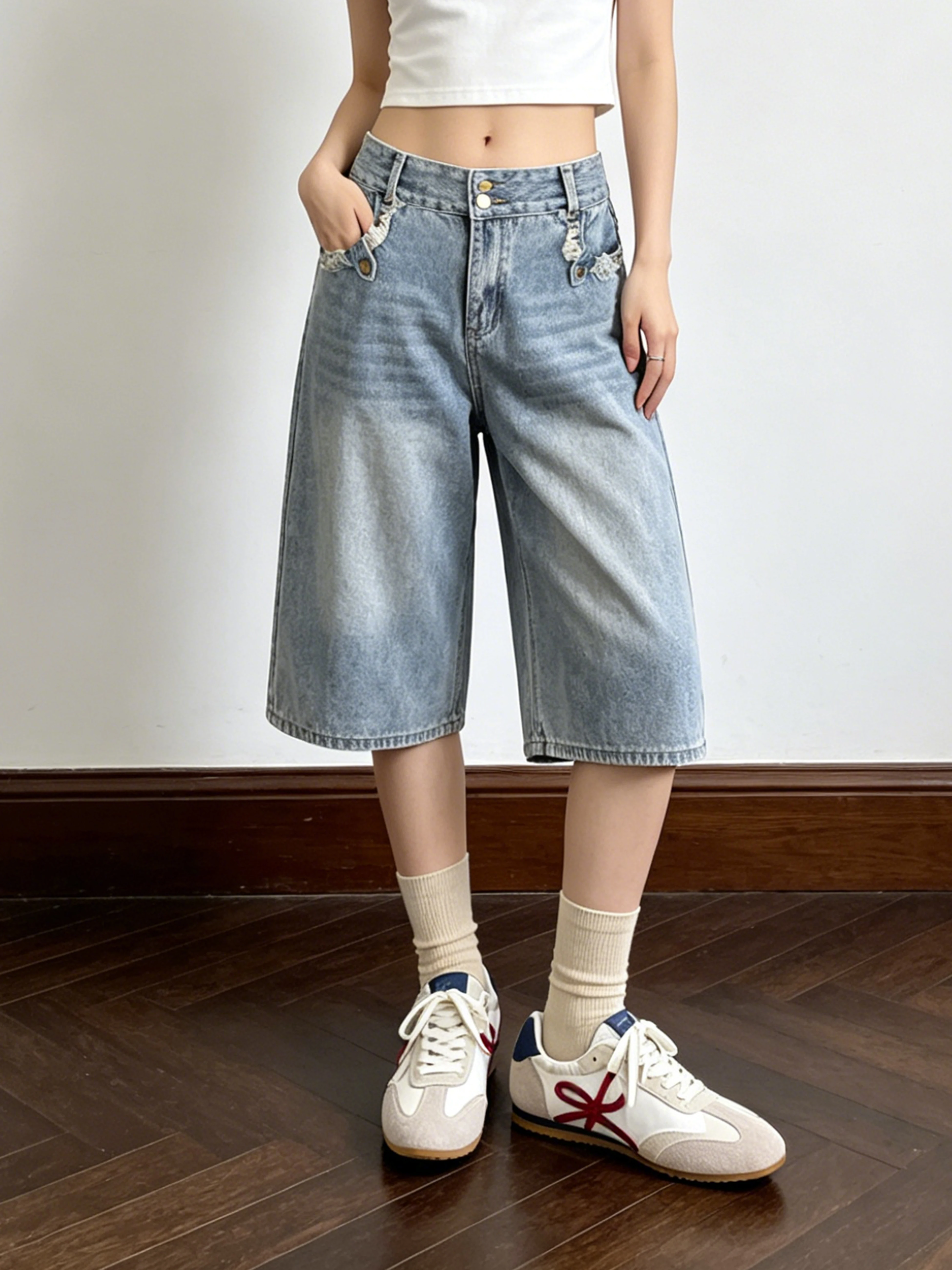 American Style High Street CleanFit Slimming Jeans Casual Hole Hole Wide Leg Seven-Foot Pants Women Summer Cotton Denim