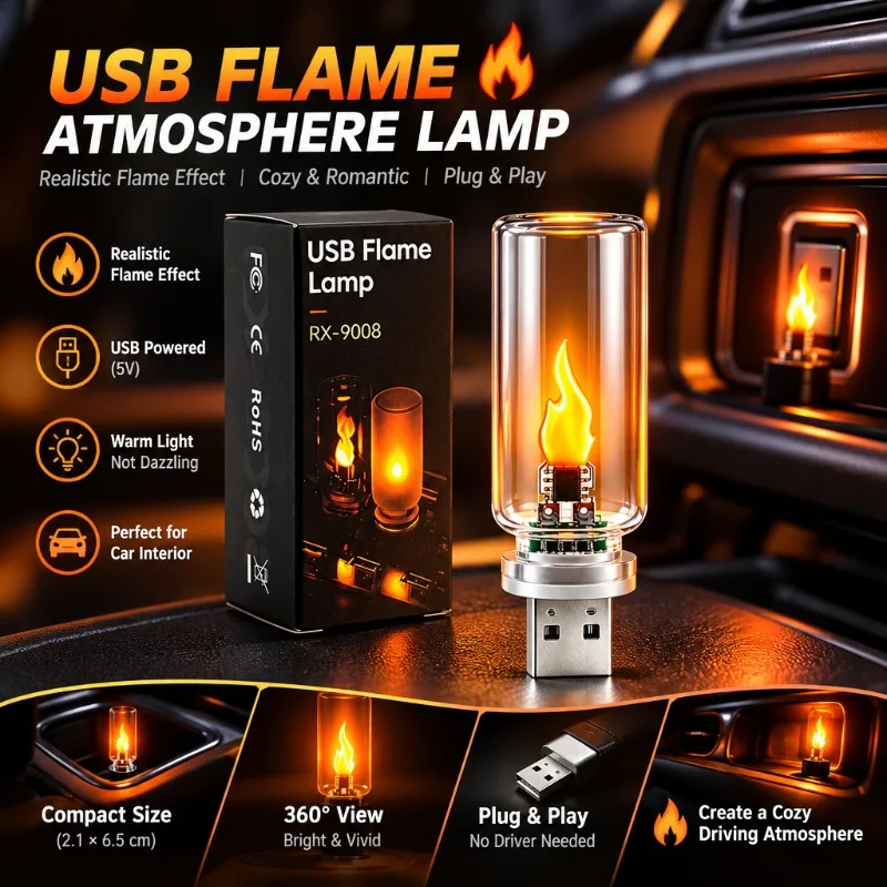 1Pc Glass Simulation Flame Light, USB Car Atmosphere Lamp, Desktop Bedroom Decor Night Light, LED Ambient Decor Lamp