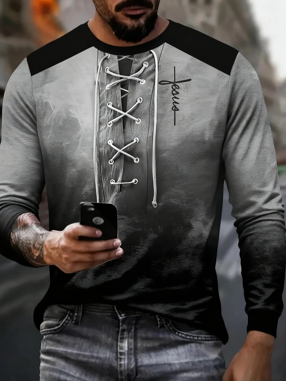 تي شيرت للرجال فو الرباط ثلاثية الأبعاد طباعة الرجال كم طويل تي شيرت الخريف طاقم الرقبة تي شيرت كبير الحجم الصليب طباعة قميص ملابس للرجال