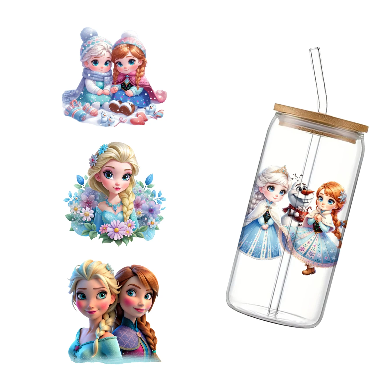 

Disney Princess Frozen Elsa Anna For Libbey 16oz Can Glass 3D Waterproof UV DTF Coffee Can Wrap Libbey Glass Wrap 11x11cm