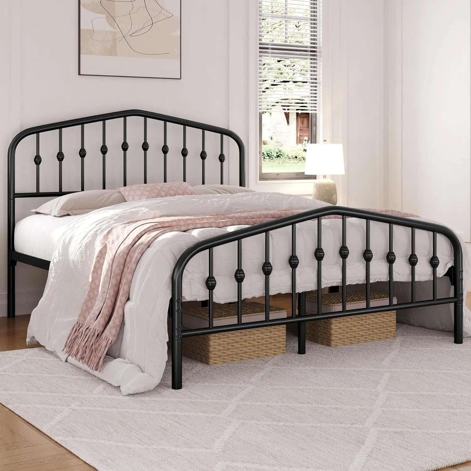 Queen bed frame metal platform bed with Victorian style forged iron headboard and footrest/easy to assemble/black queen bed