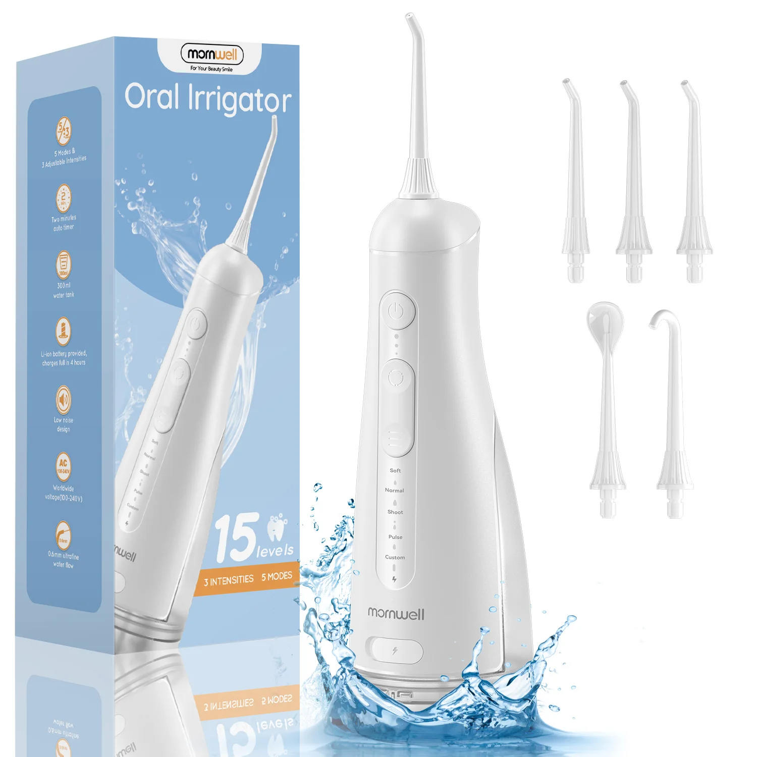 Portable Oral Irrigator for Teeth Cleaning, 5 Replaceable Nozzles, 5 Cleaning Modes & 3 Adjustable Water Pressures, 300ML Detachable Water Tank, IPX7 Waterproof Rechargeable Water Flosser for Home & Travel Gum Care