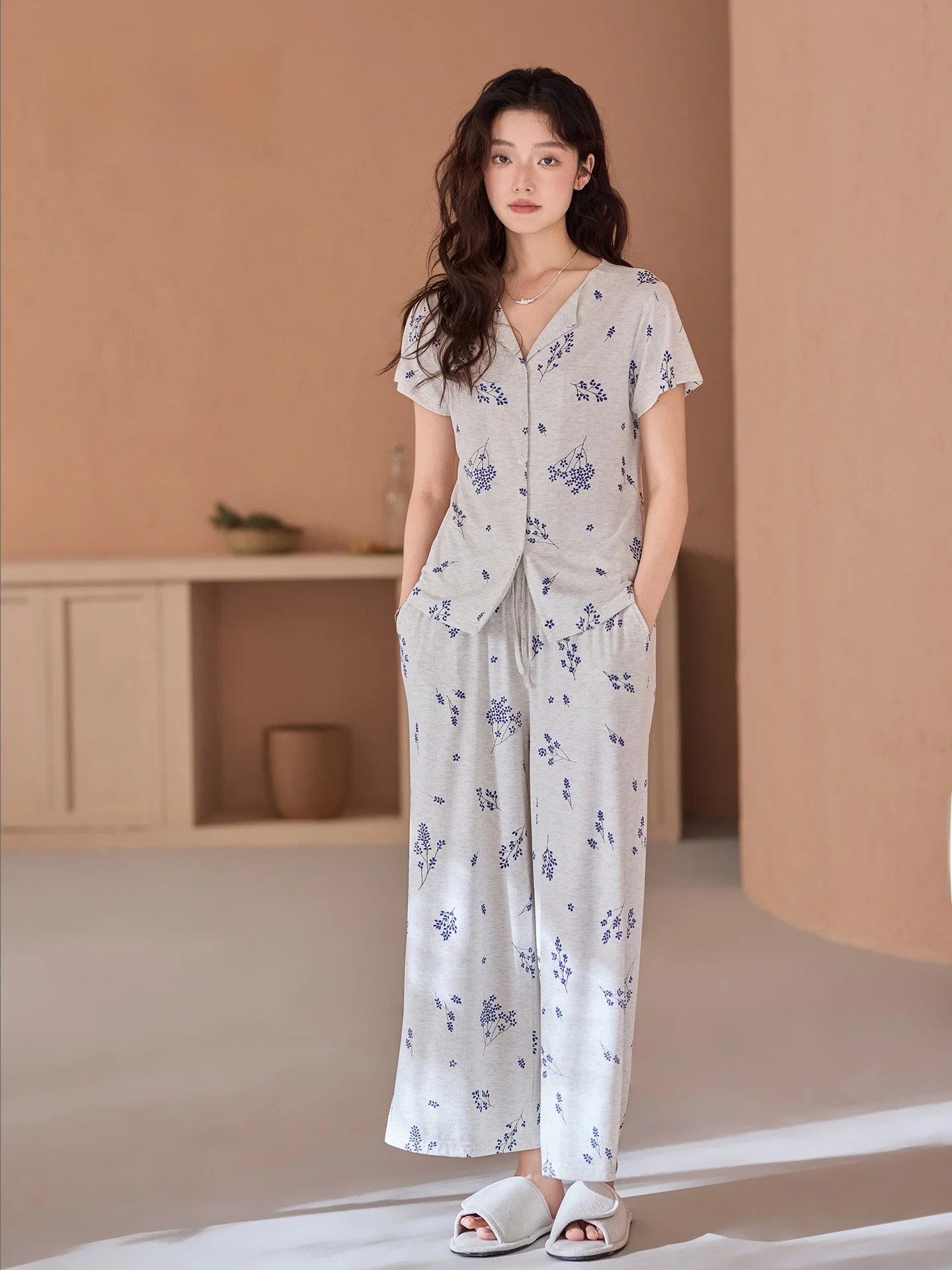 summer-sleepwear-women's-lenzing-cotton-short-sleeve-long-pants-floral-print-home-clothes-soft-v-neck-comfortable-breathable