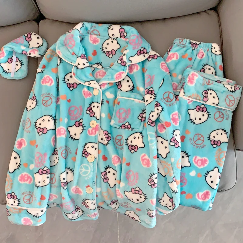 Cartoon Sanrioed Hello Kittys Sweet Loungewear Thickened Thermal Lapel Cute Pajamas Coral Fleece Pajama Set Christmas Present