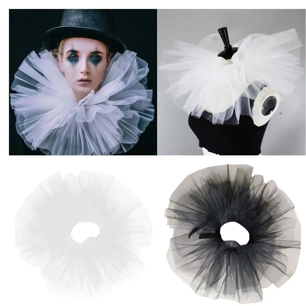 2pcs Tulle Ruffle Collar Retro Mesh Crewneck Gothic Cosplay black and white