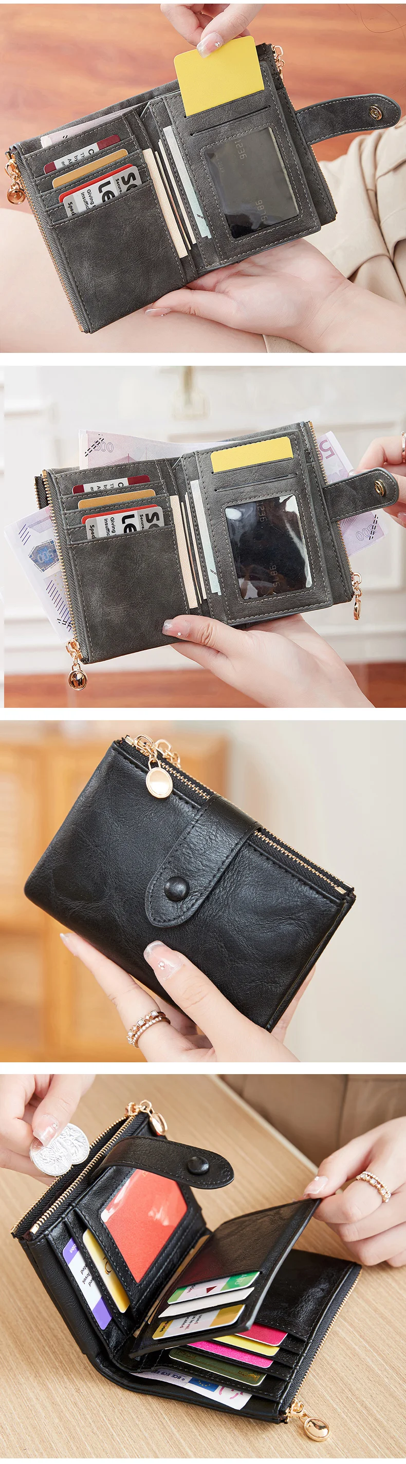Retro-Geldbörse für Damen, kurz, dreifach faltbar, großes Fassungsvermögen, doppelter Reißverschluss, Ausweis- und Kreditkartenhalter, minimalistisch, einfarbig, Damen-Münzbörse – Detail 5