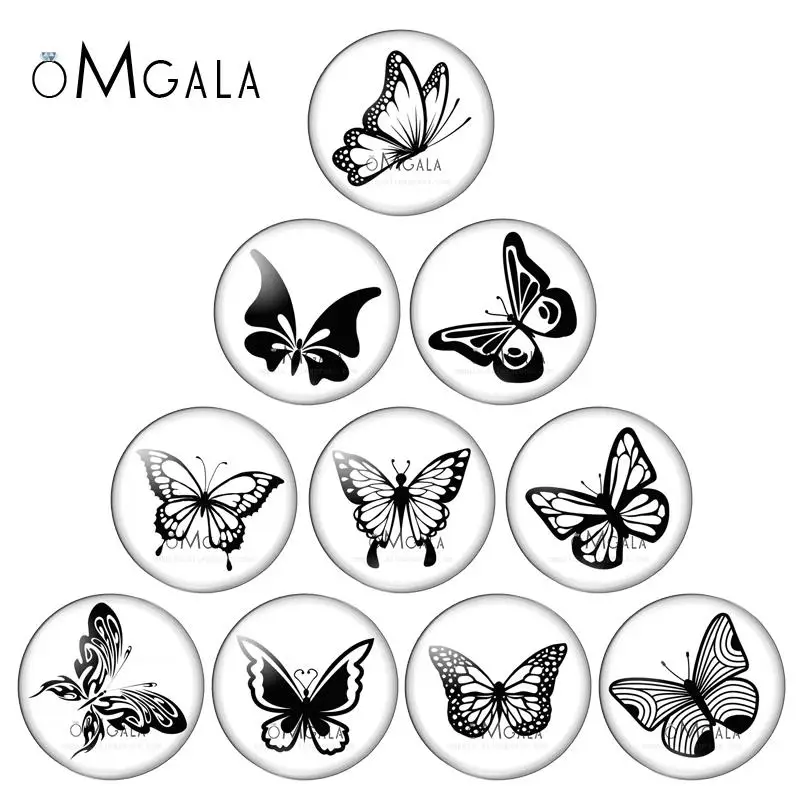 Art Beauty Black White Butterfly Patterns 10pcs 12mm/18mm/20mm/25mm Round photo glass cabochon demo flat back Making findings