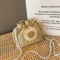 Woven Straw Mini Messenger Bag for Women Drawstring Closure Summer Cute Bucket Bag with Flower Crossbody Bag, Phone Wallet Pouch - Image 2