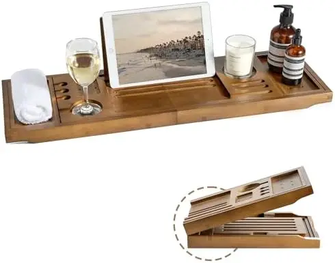 

Поднос для ванны из бамбука - регулируемая подставка для спа-процедур с держателем для вина и подставкой для планшета | Нескользящий органайзер для ванной