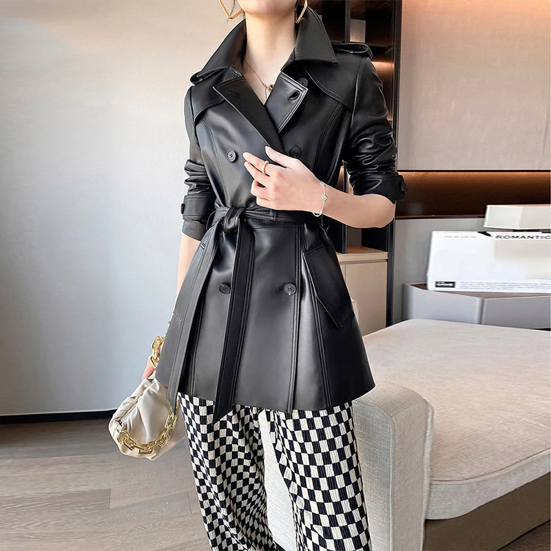 100% Real Leather Black Trench Coats Women Fall Winter Single-breasted Sashes Chic Ladies Mid-length Slim Sheepskin Jacket Coat