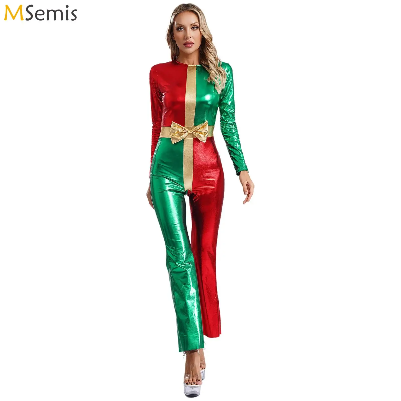 

Women Christmas Costume Shiny Metallic Bodysuit Santa Claus Cosplay Jumpsuit Long Sleeve Bell Bottom for Jazz Party Dance Wear