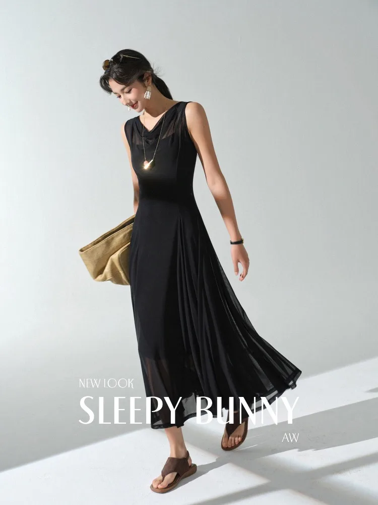 

Elegant Draped Cowl Neck Dress Women's Autumn Mesh Maxi Gown High Waist Slim Fit Long Evening Party Dress with Flowing Hemline