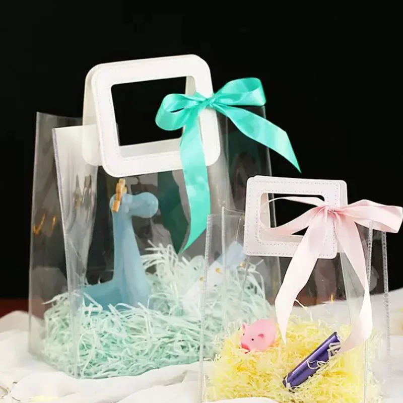 Holographic Clear PVC Tote Bag Custom Cartoon Print Iridescent Transparent Handbag for Gift Cosmetic Shopping Packaging