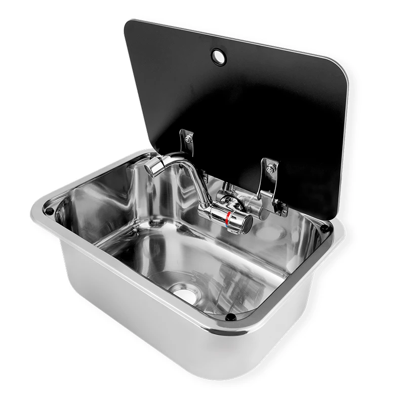 304 Stainless Steel RV Sink with Faucet and Tempered Glass Lid, Compact Caravan Campervan Motorhome Kitchen Basin