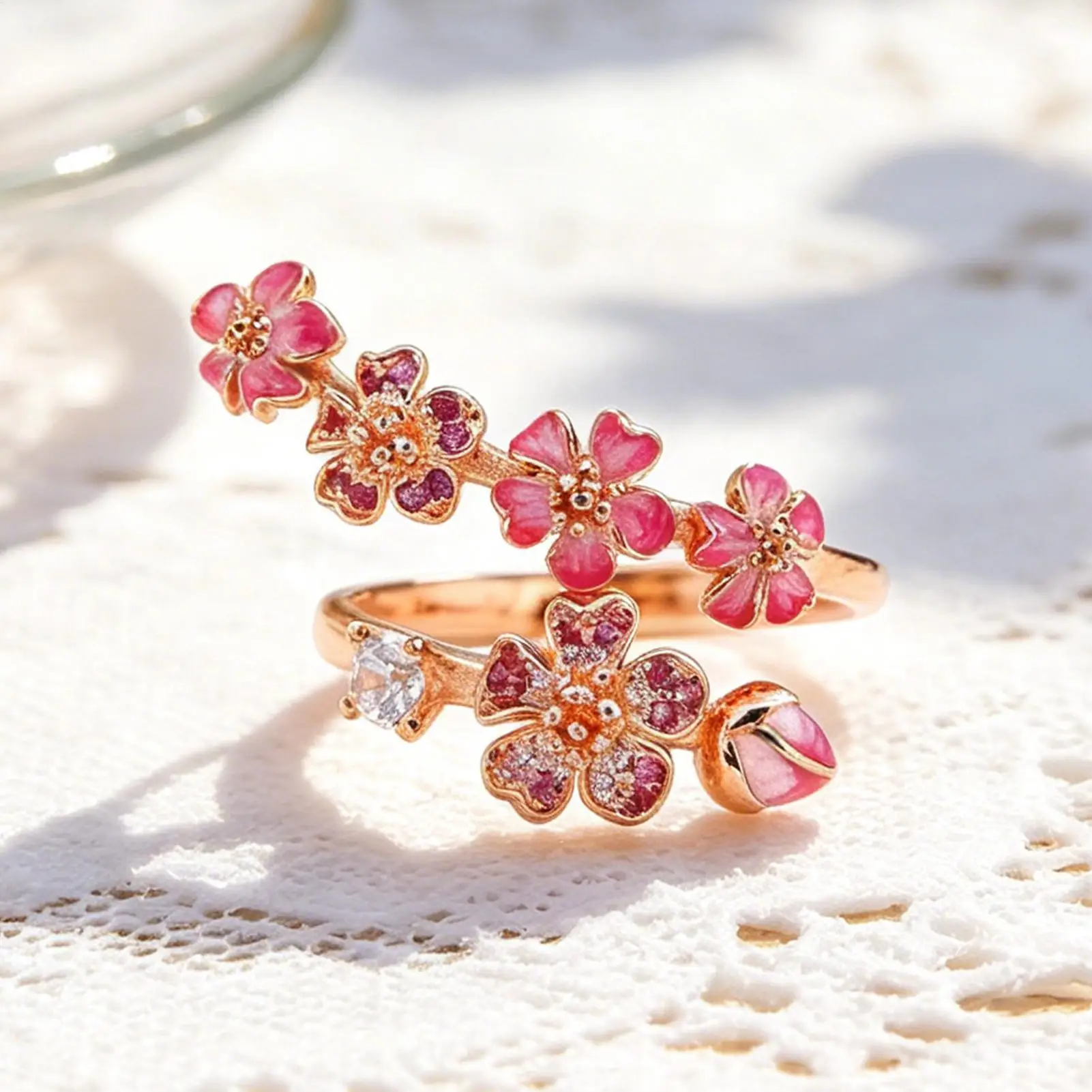 Adjustable opening design peach blossom With Crystal Ring For Women Wedding Party Gift fit Lady Fine Jewelry party gift