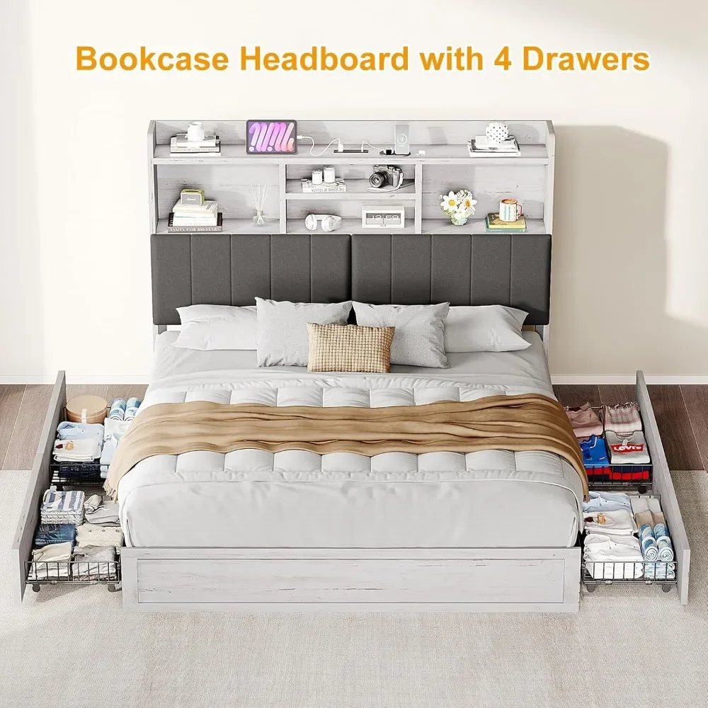 Queen Bed Frame with Bookcase Headboard 4 Storage Drawers Charging Station Wood Slats Support No Box Spring Needed，LED Bed Frame