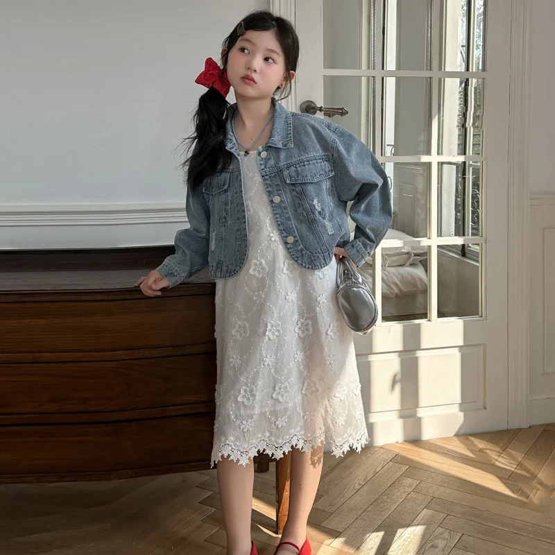 

Girls' Dress Set2026Spring and summer new style big kids' denim jacket and suspender skirt Korean two-piece set trendy