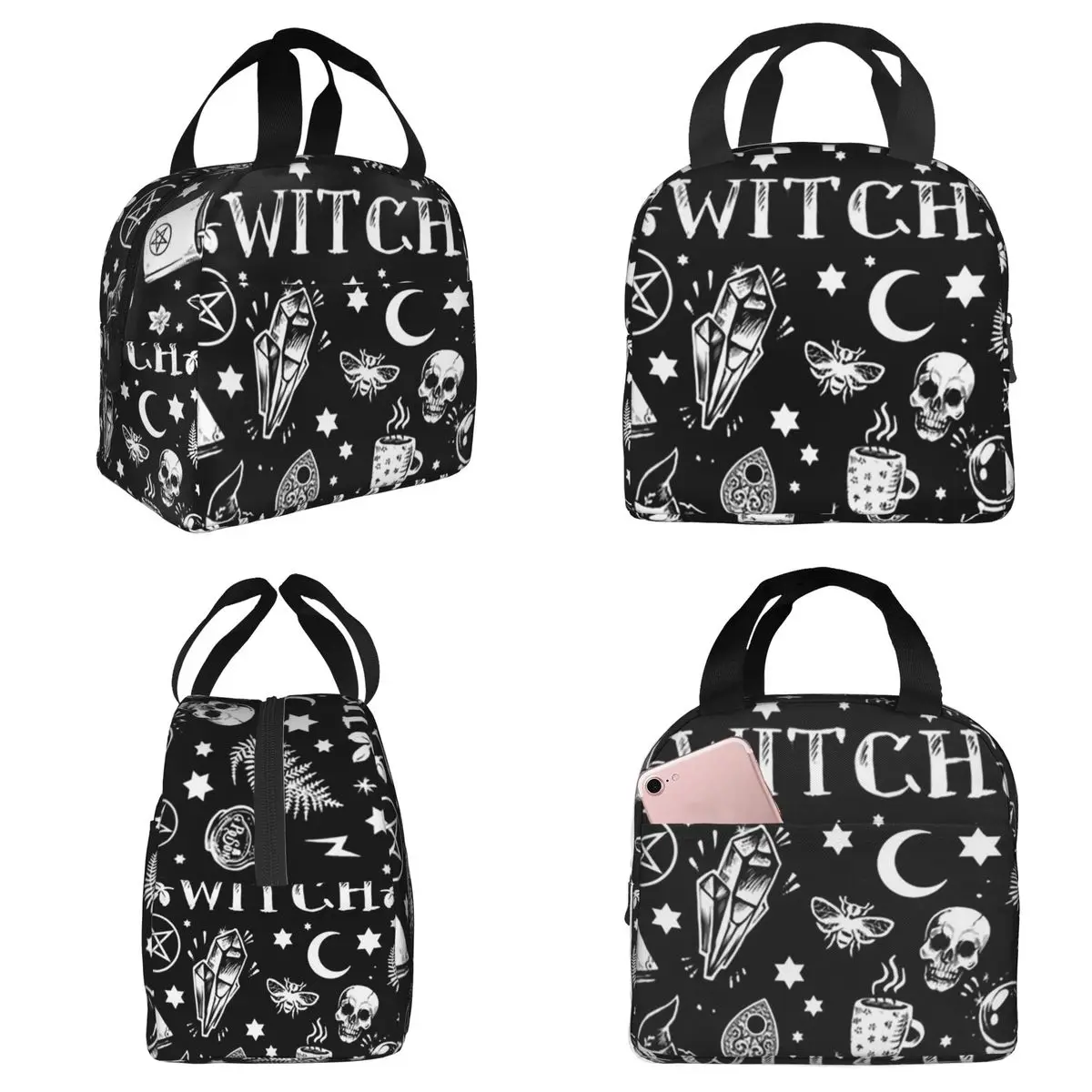 

Термосумка для обедов с изображением кошачьих голов, ведьм и скелетов для детей, изолированная, портативная, для еды, контейнер-холодильник