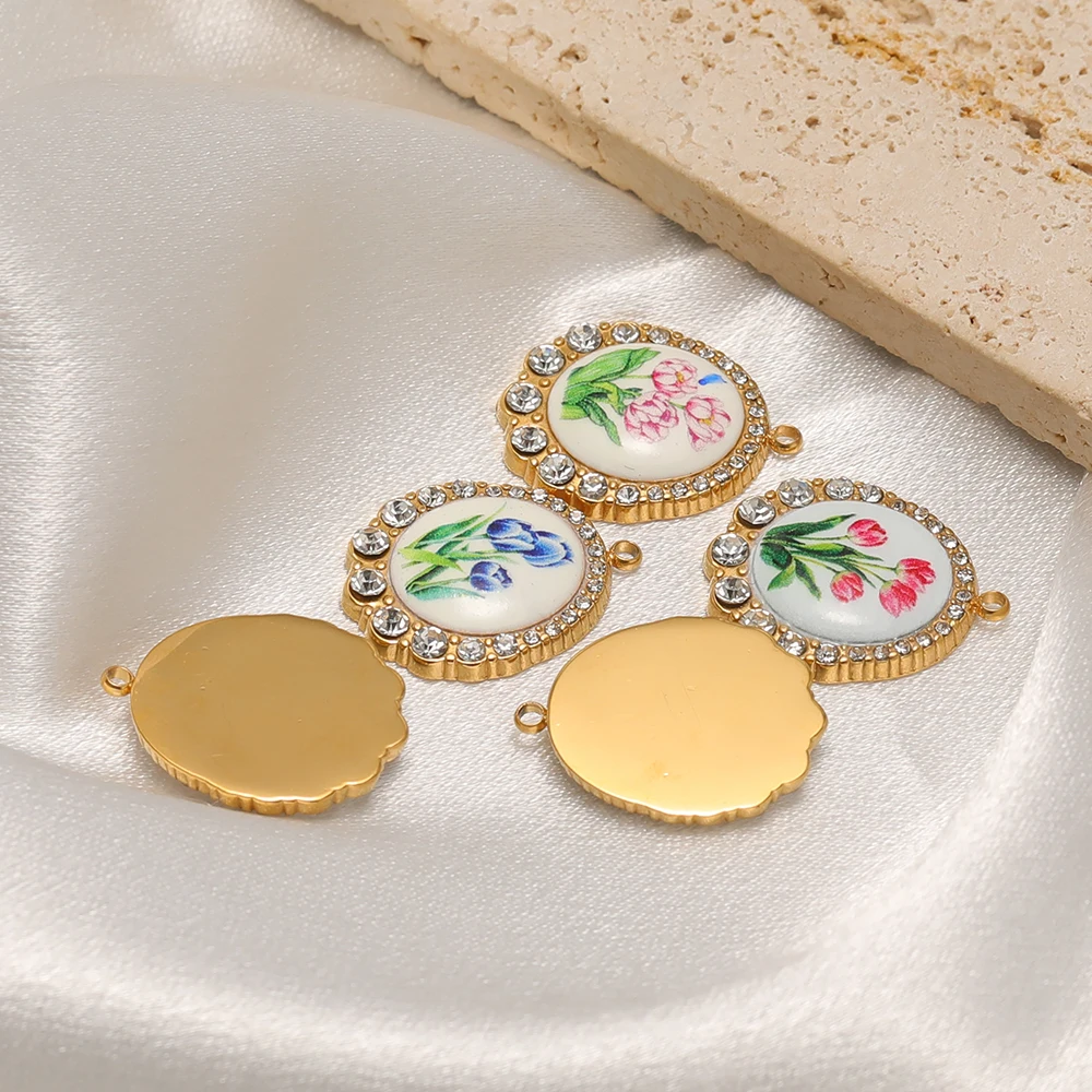 3 Stück Edelstahl-Zirkon-Oval-Emaille-Blumenanhänger für DIY-Muttertagsgeschenke, Schmuckherstellung von Halsketten, Anhängern, Armbändern und Ohrringen – Detail 4