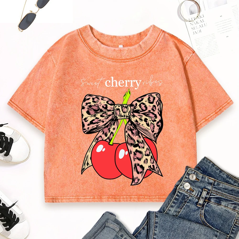 

Женская потертая футболка с милым бантом и вишневым фруктовым принтом, повседневные тонкие футболки, хлопковая винтажная одежда, летняя спортивная одежда в стиле хип-хоп