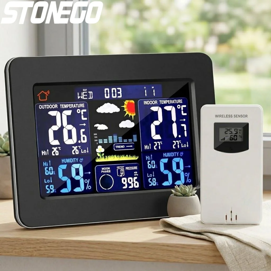 

Digital Wireless Weather Station with Outdoor Sensor Indoor Thermometer Hygrometer Color Forecast Clock for Home Office Use