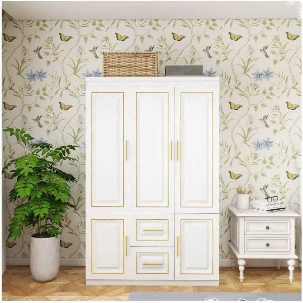 Wardrobe Closet Wood White Storage Closet Wardrobe Cabinet Bedroom Armoires with Hanging Rod 2 Drawers Clothes Wooden Cabinet