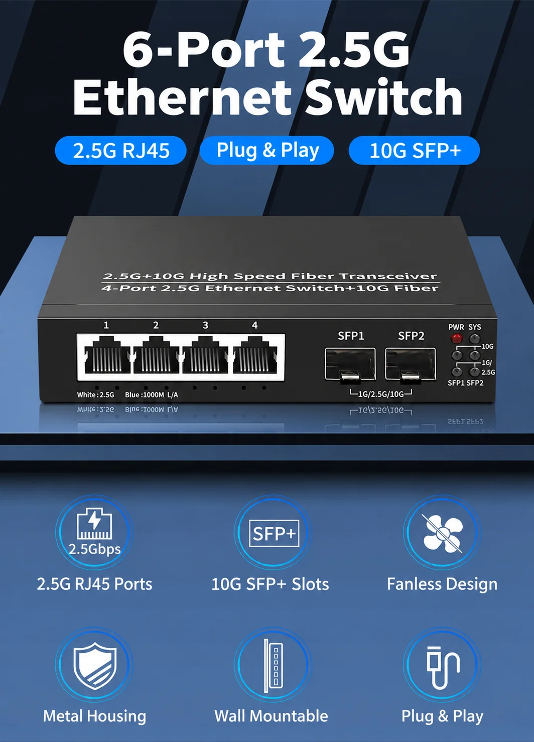 4 Port 2.5GbE Ethernet Switch Unmanaged 2.5Gbps Network Switch 2 Port 10Gb SFP+ Slot Home Lab Setup Switch Plug and Play