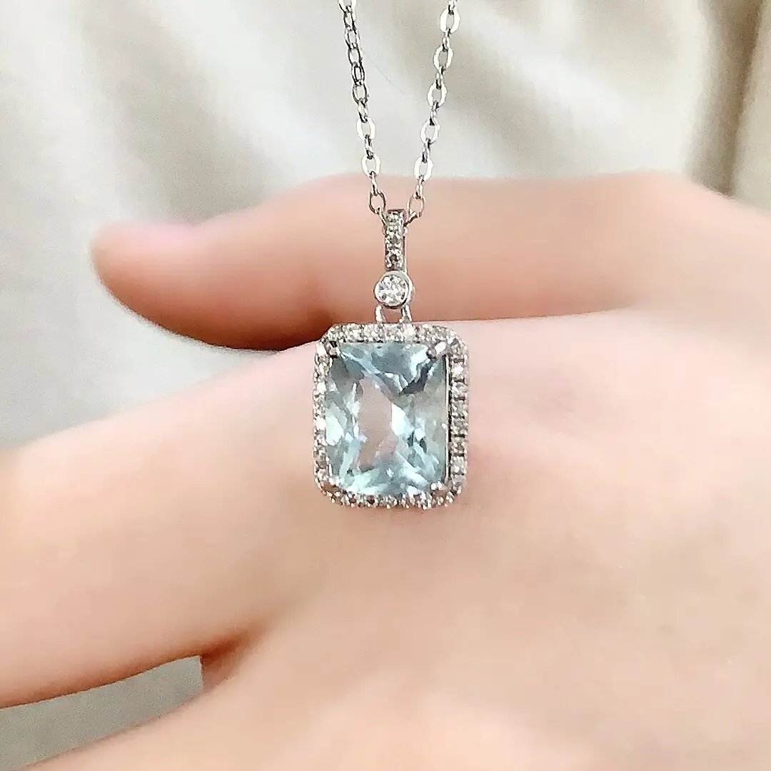 Light Blue Aquamarine Pendant for Office Woman Solid 925 Silver 8mm*10mm 3ct Natural Aquamarine Necklace Pendant Gift for Wife