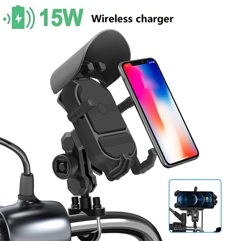 

Держатель для телефона на мотоцикле, 15 Вт, беспроводная зарядка, кронштейн для быстрого зарядного устройства, подставка для велосипеда, солнцезащитный козырек, противоугонный замок, подставки для мобильных телефонов